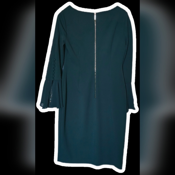 Calvin Klein Forest Green Chiffon Bell Sleeve Sheath Dress - Size 10 - Picture 6 of 12